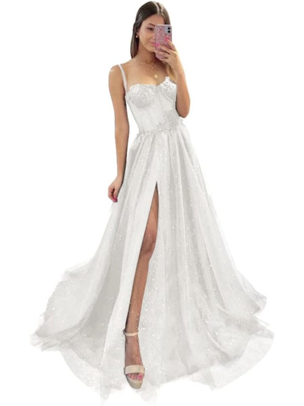 Ivory Glitter Tulle Long Prom Evening Gown with Slit Size 4